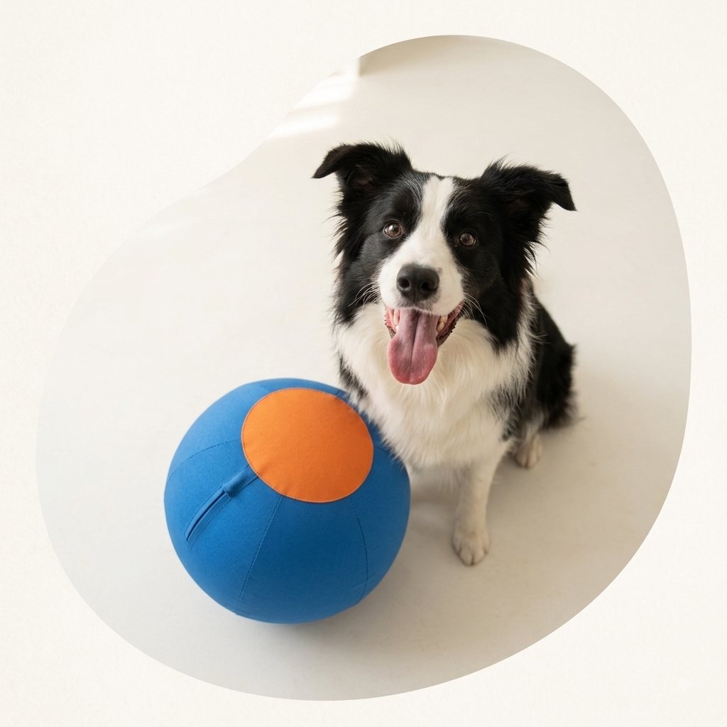 A Border Collie sitting beside a blue Herdley ball, looking up at the camera