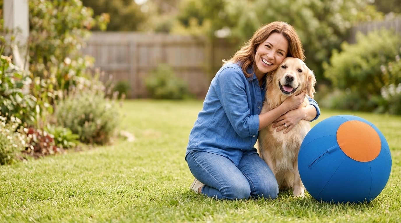 A smiling woman kneeling on a lawn with her arm around a Golden Retriever, beside a blue Herdley ball